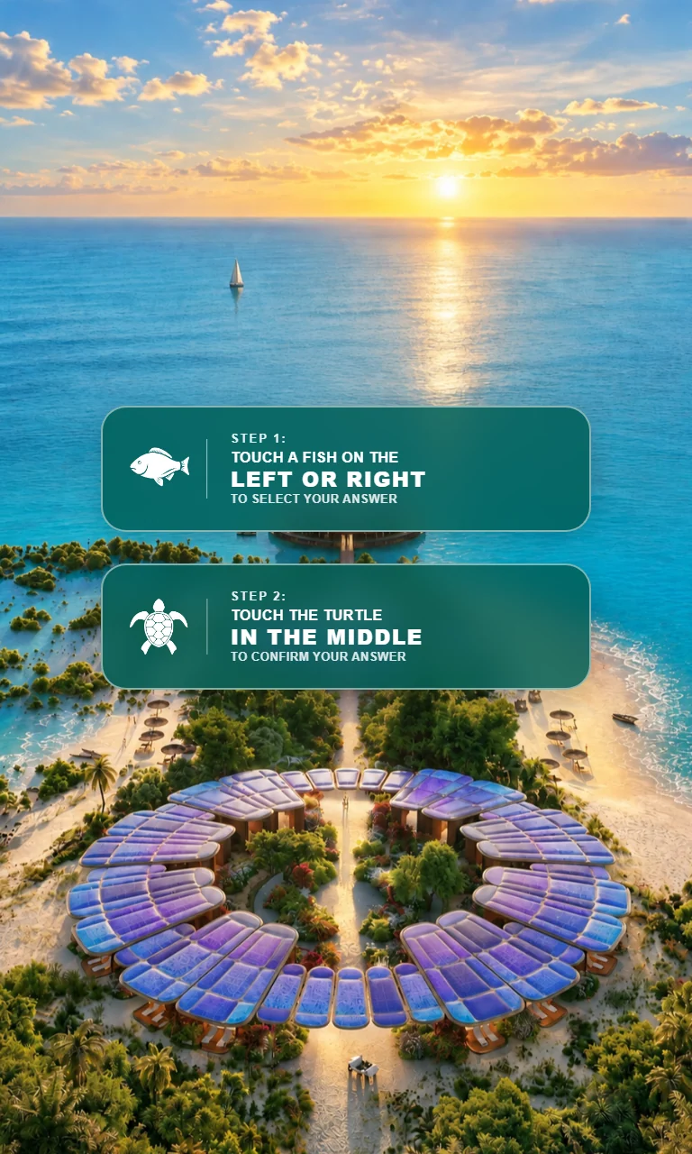 Portrait quiz standby screen with two translucent instruction cards, fish and turtle icons, and a sunset ocean-resort background.