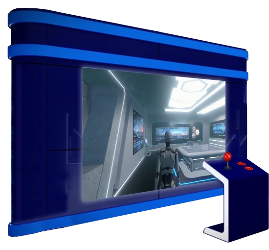 Blue arcade-style booth with a virtual interior on its display and a joystick console.