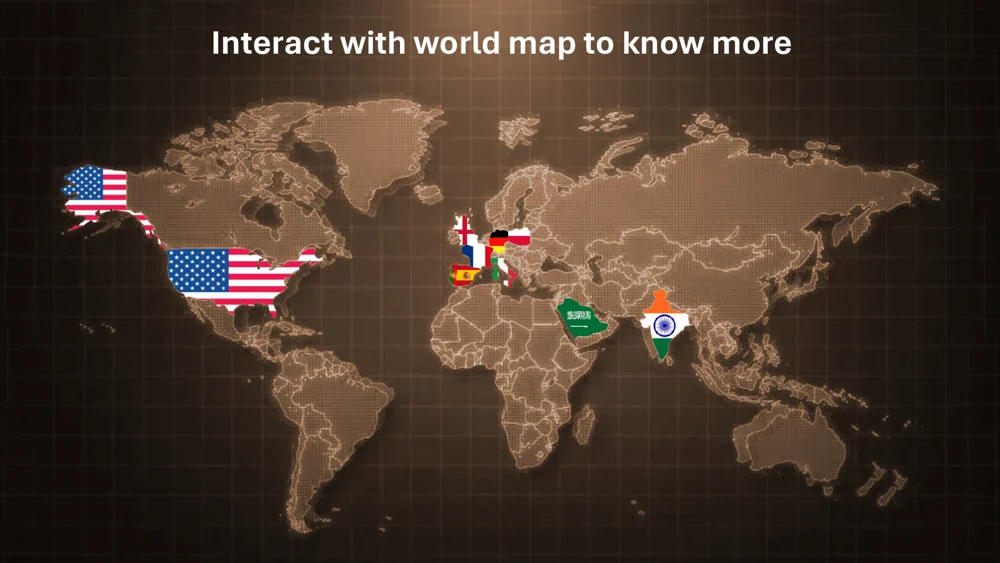 Brown world-map interface with flags marking selectable countries.
