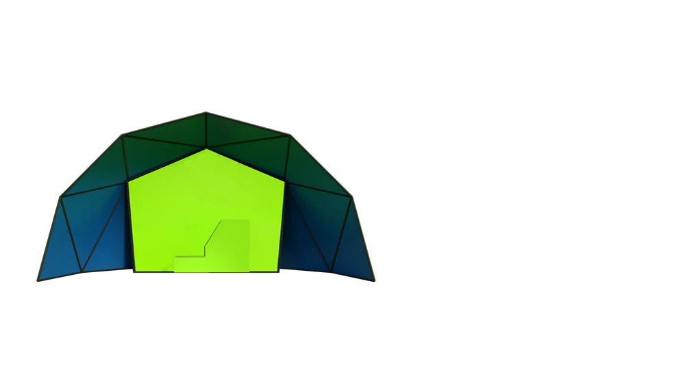 A dark faceted canopy frames a luminous lime-green opening.