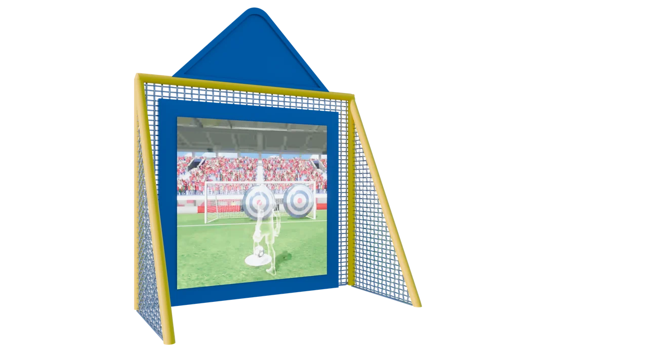 Blue portrait display with yellow goal frame and mesh wings, showing a silhouette and circular football targets.