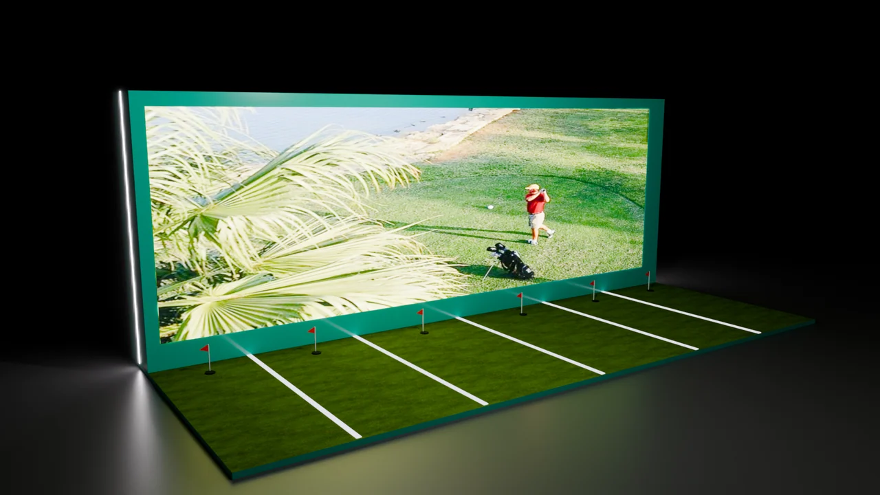 A long screen fronts six marked putting lanes with red flags and green turf.