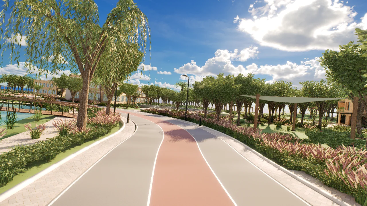 A complete saved park-section view showing a three-lane running path, trees, planting and a shaded pavilion.