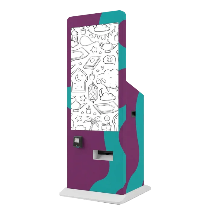 A purple and teal upright kiosk with a monochrome illustration screen and lower output slot.