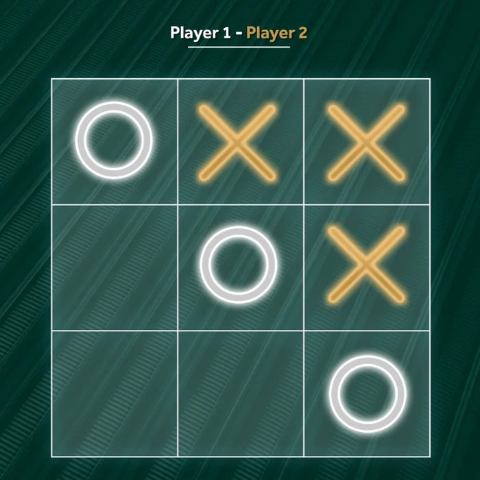 A green three-by-three game grid with glowing white circles and gold crosses.